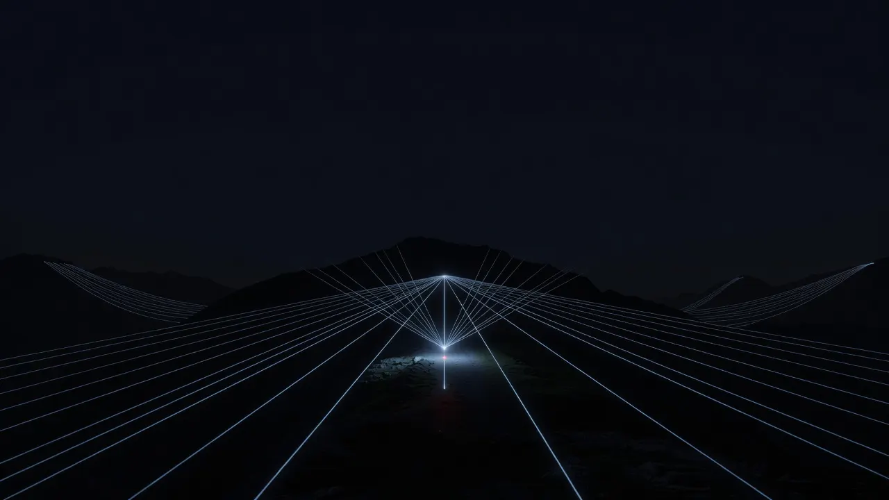 At night, many thin lines of steel-blue light arrive from every side and converge below a dark alpine ridge into one bright node, a tiny red point beneath it.