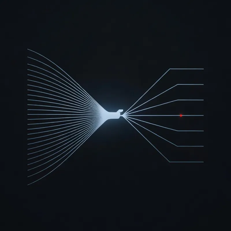 Many thin steel-blue lines arriving from the left meet at one bright switch that sends them out along a few straight paths, one marked with a red point.