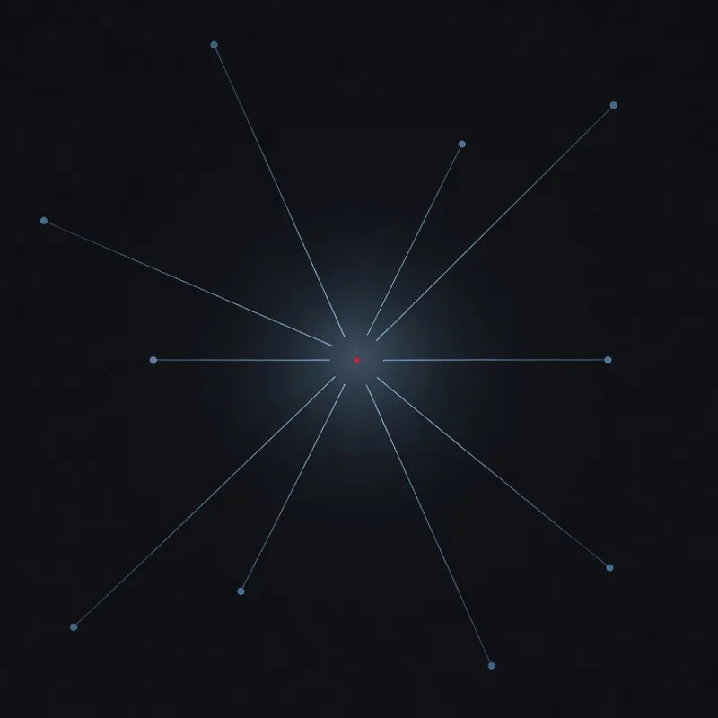 One calm point of light with thin steel-blue routes leaving it in every direction, each ending in a small dot, a tiny red point at its centre.