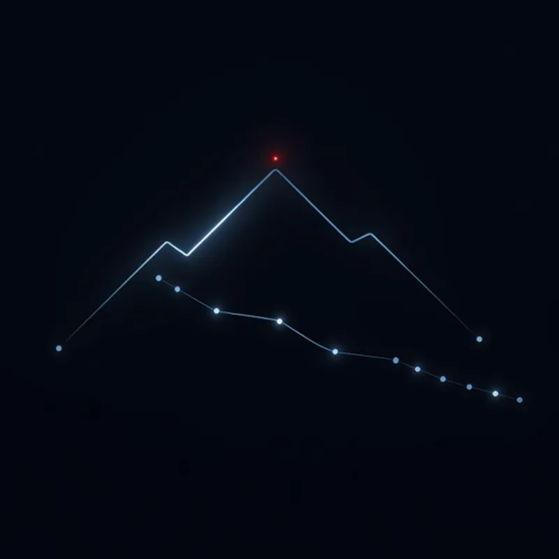A mountain ridge drawn in one thin line of steel-blue light, a route of small dots running along its foot, a red dot on the highest peak.